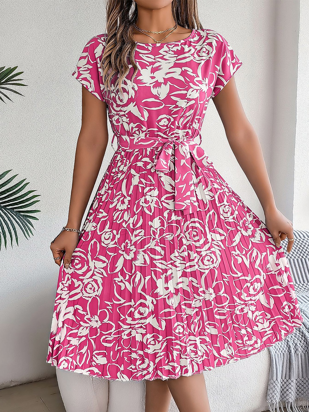 

HERE&NOW Women Floral Printed Fit and Flare Dress, Rose