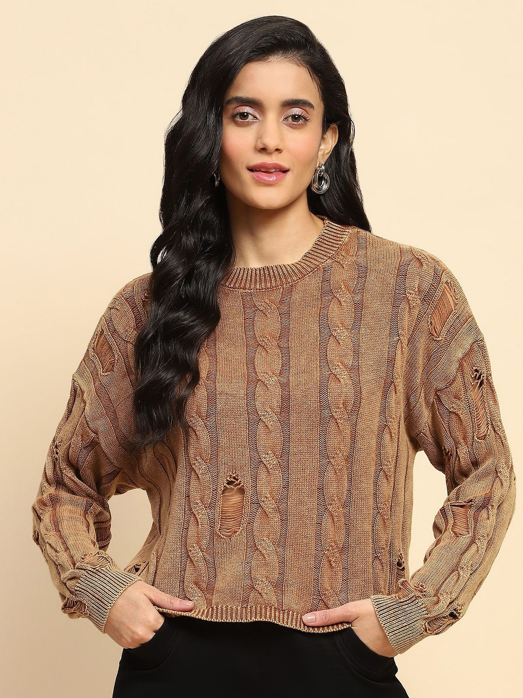 

Global Republic Women Self Design Round Neck Cotton Top, Brown