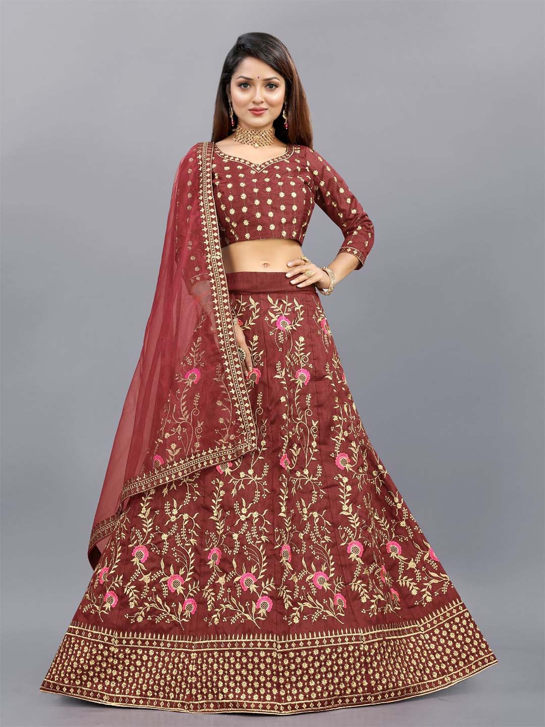 

Aika Embroidered Thread Work Semi-Stitched Lehenga & Unstitched Blouse With Dupatta, Maroon
