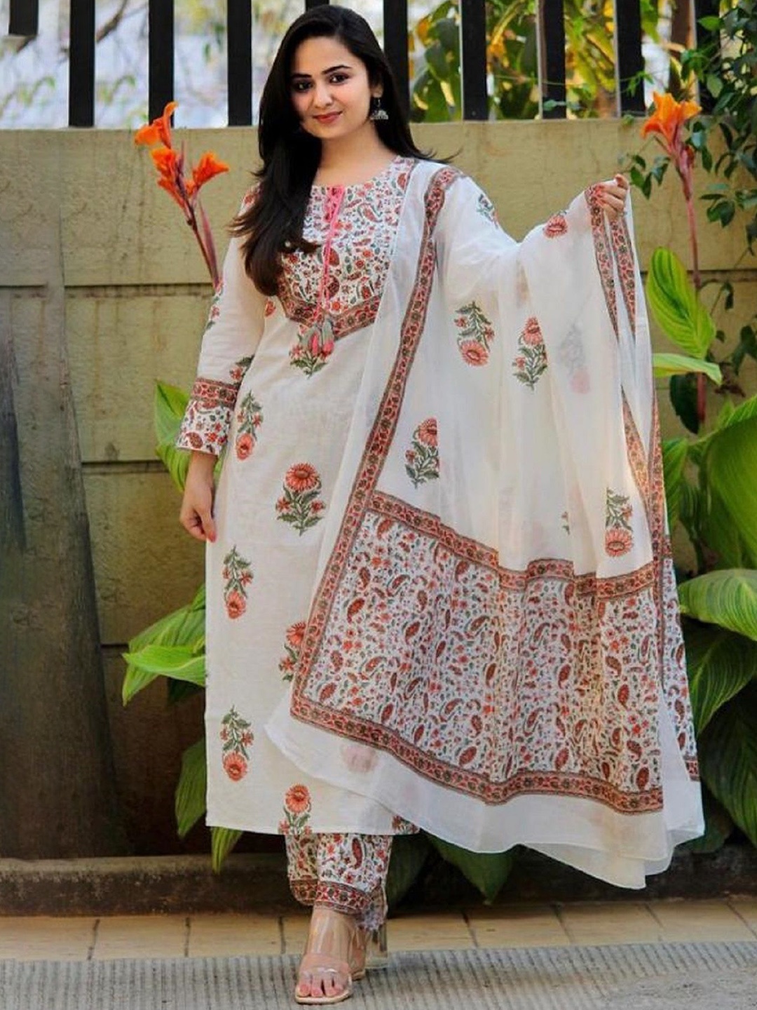 

KALINI Floral Printed Straight Kurta with Trousers & Dupatta, White