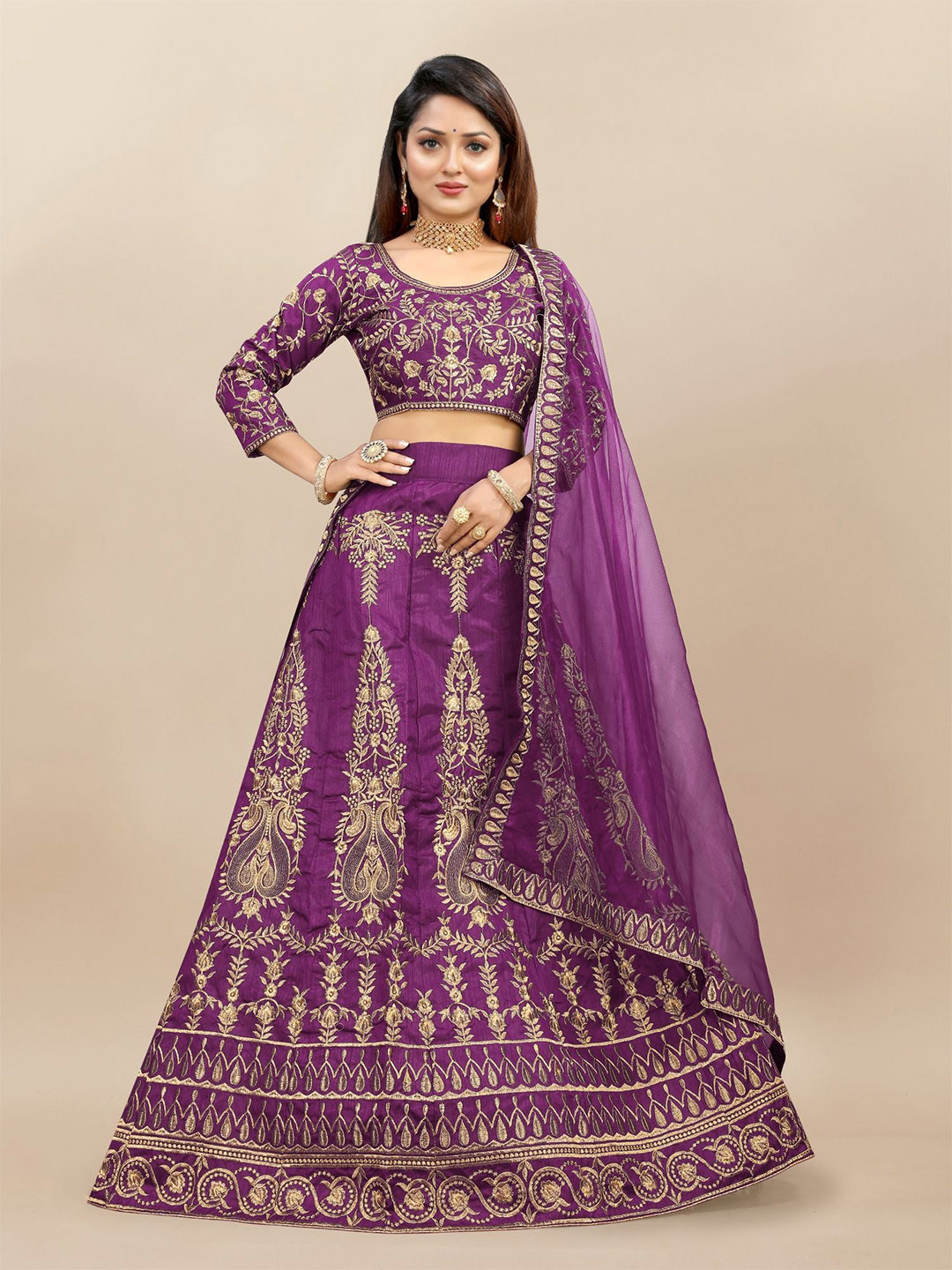 

LADY SHOPI Embroidered Thread Work Semi-Stitched Lehenga & Unstitched Blouse With Dupatta, Purple