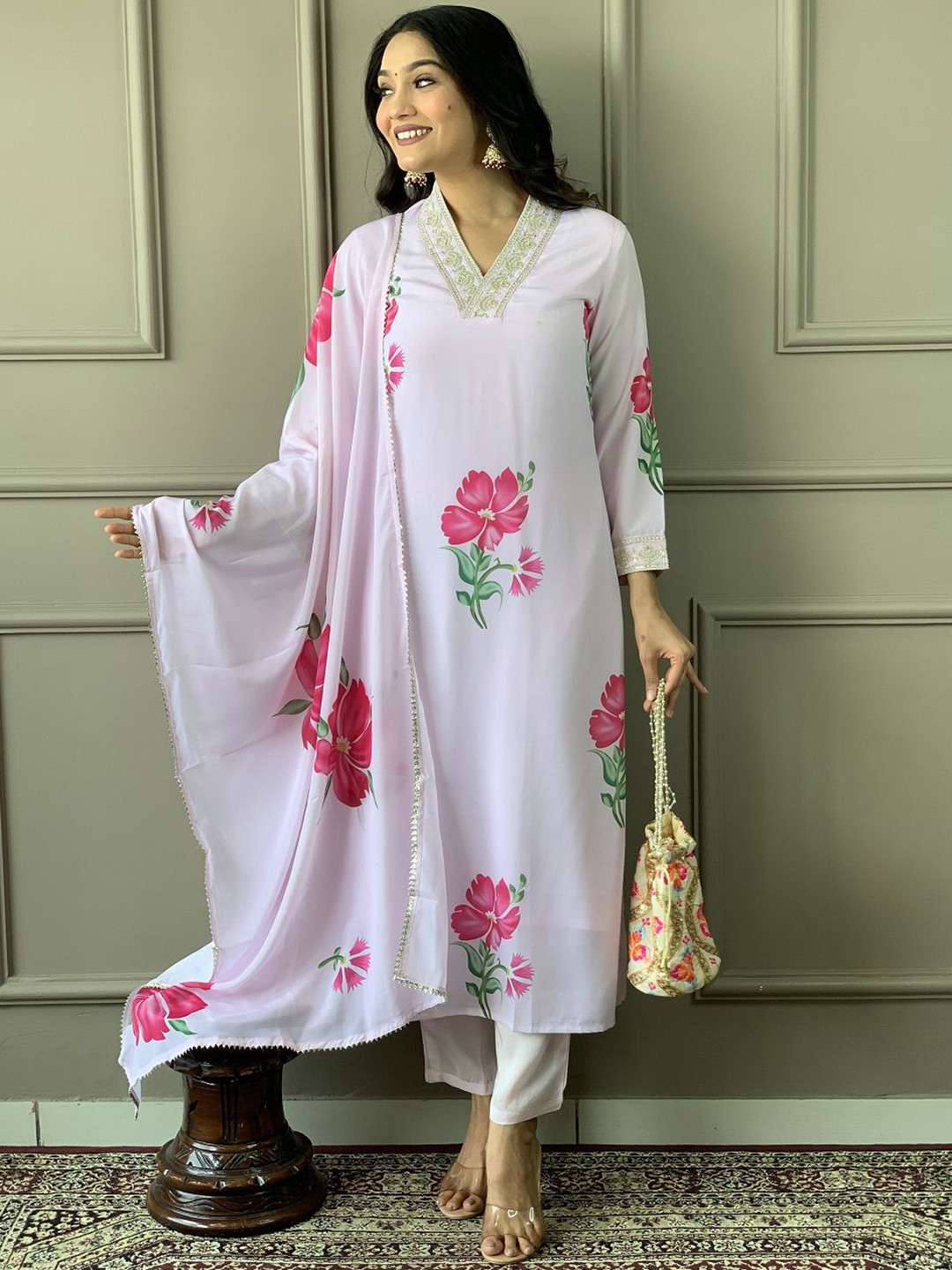 

S.K.C Ethnic Motifs Printed Thread Work Kurta with Trousers & Dupatta, White
