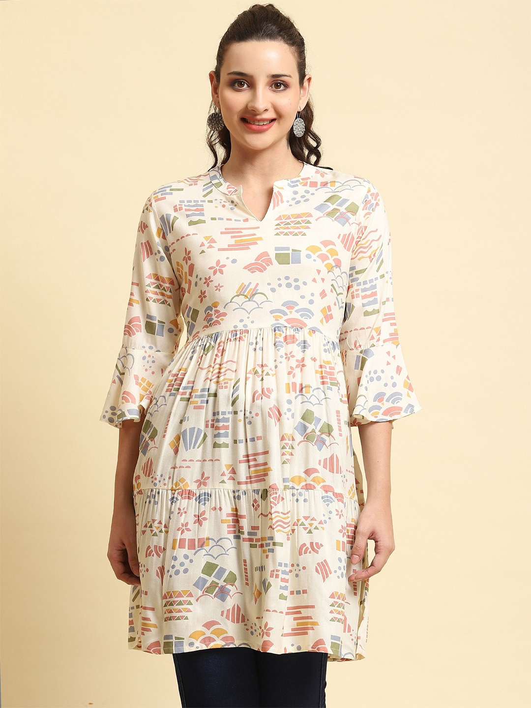 

Shree Liva Mandarin Collar Printed Tunic, White