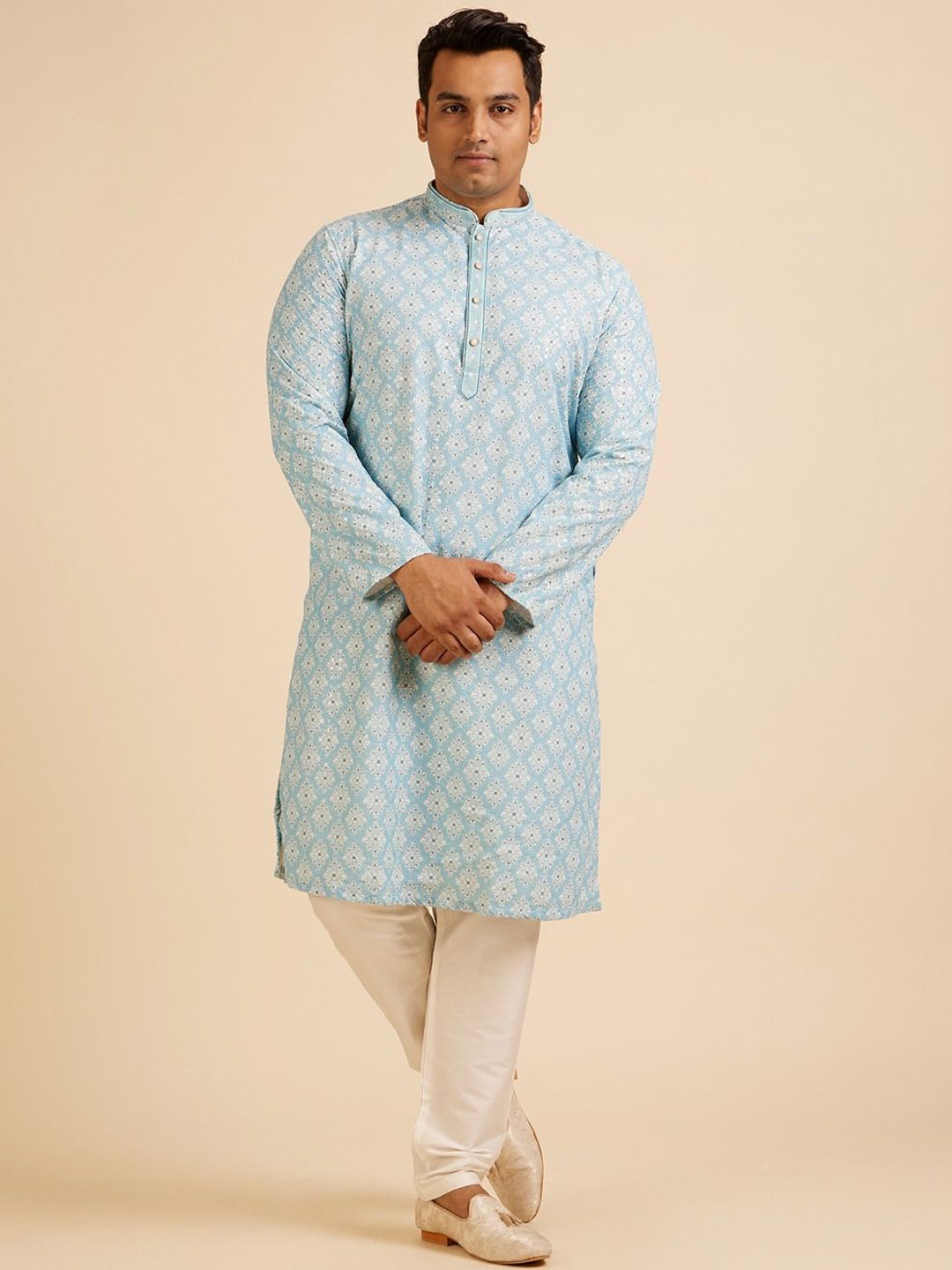 

Manyavar Plus Size Thread Work Kurta with Pyjama, Blue
