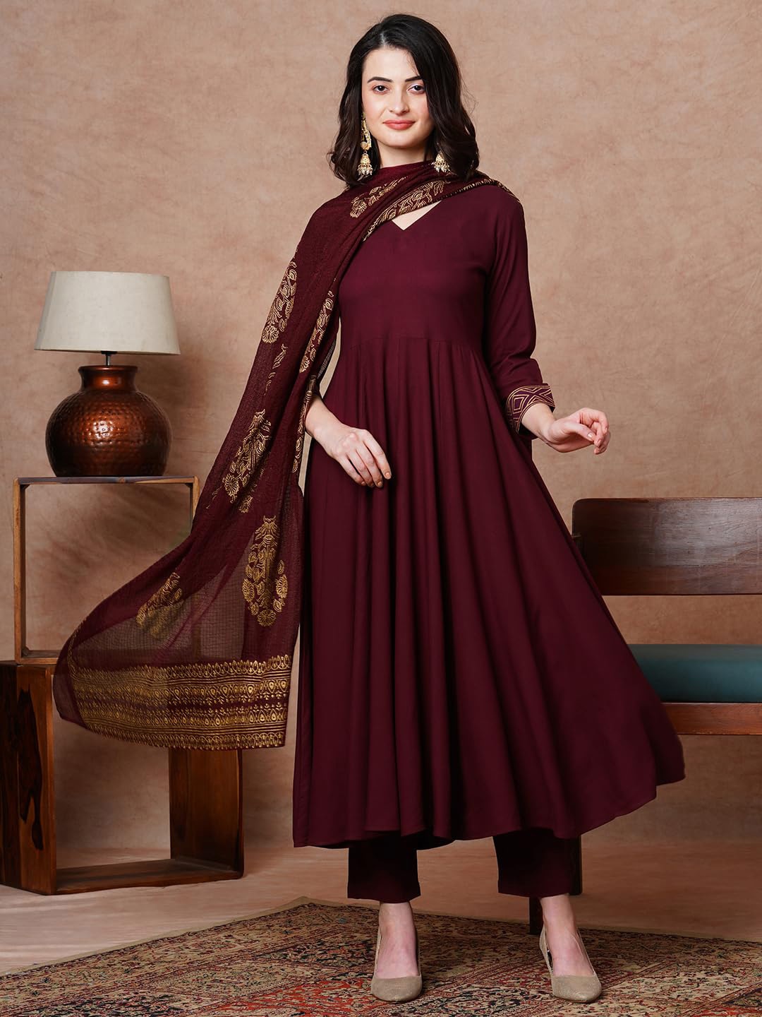 

GoSriKi V-Neck Anarkali Kurta With Trouser & Printed Dupatta, Maroon