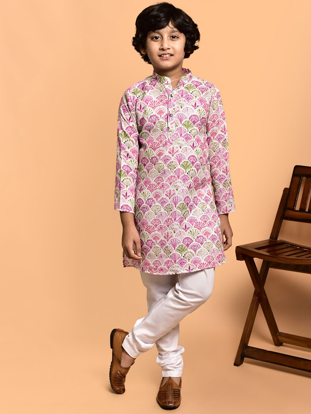 

PRINTCULTR Boys Geometric Printed Band Collar Cotton Straight Kurta, Pink