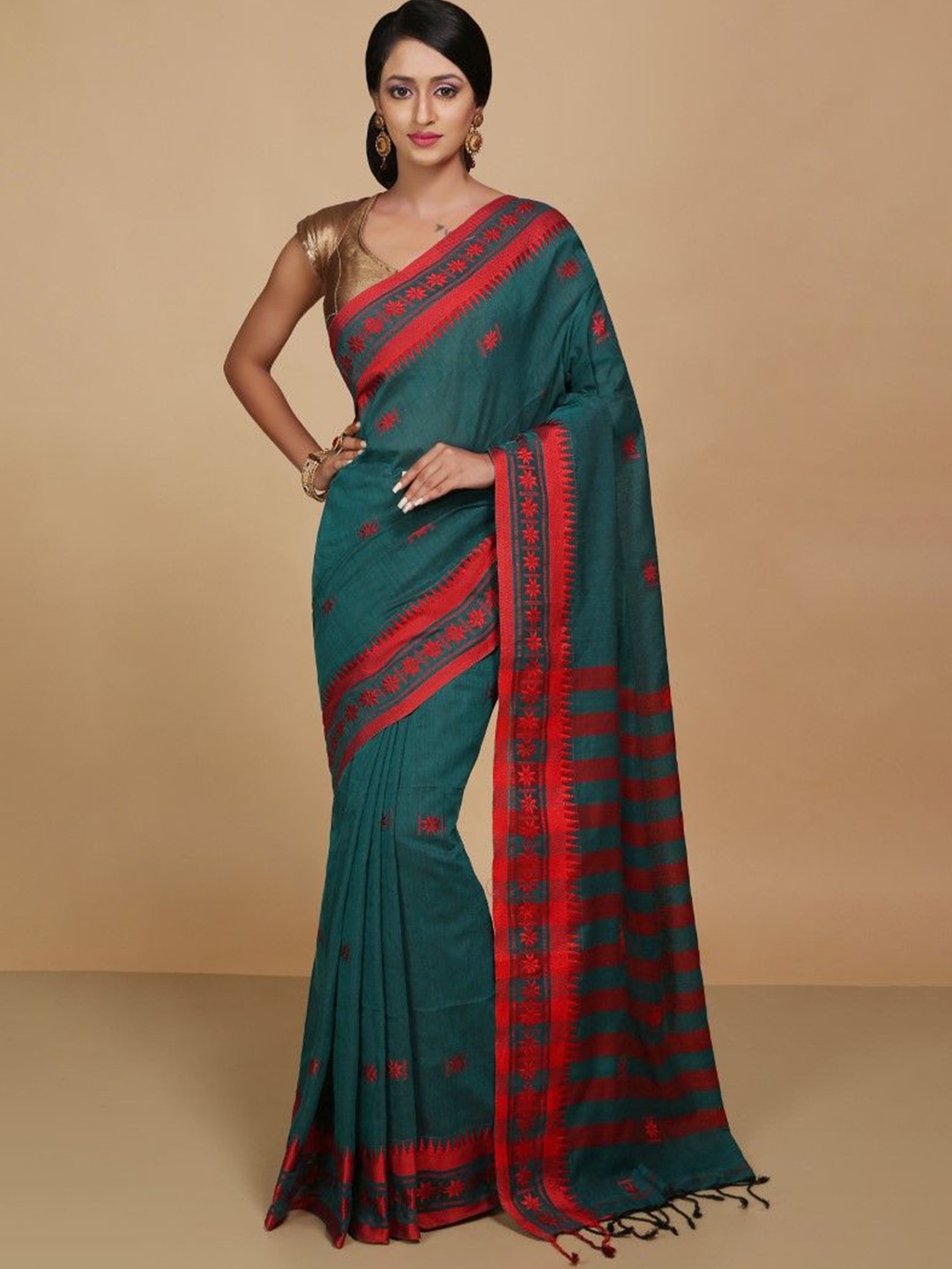 

BENGAL HANDLOOM Woven Design Pure Cotton Taant Saree, Green