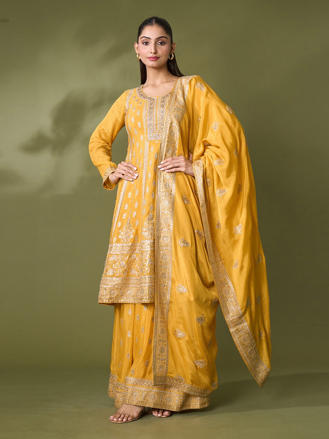 

Samyukta Singhani Floral Embroidered Anarkali Kurta with Palazzos & With Dupatta, Yellow