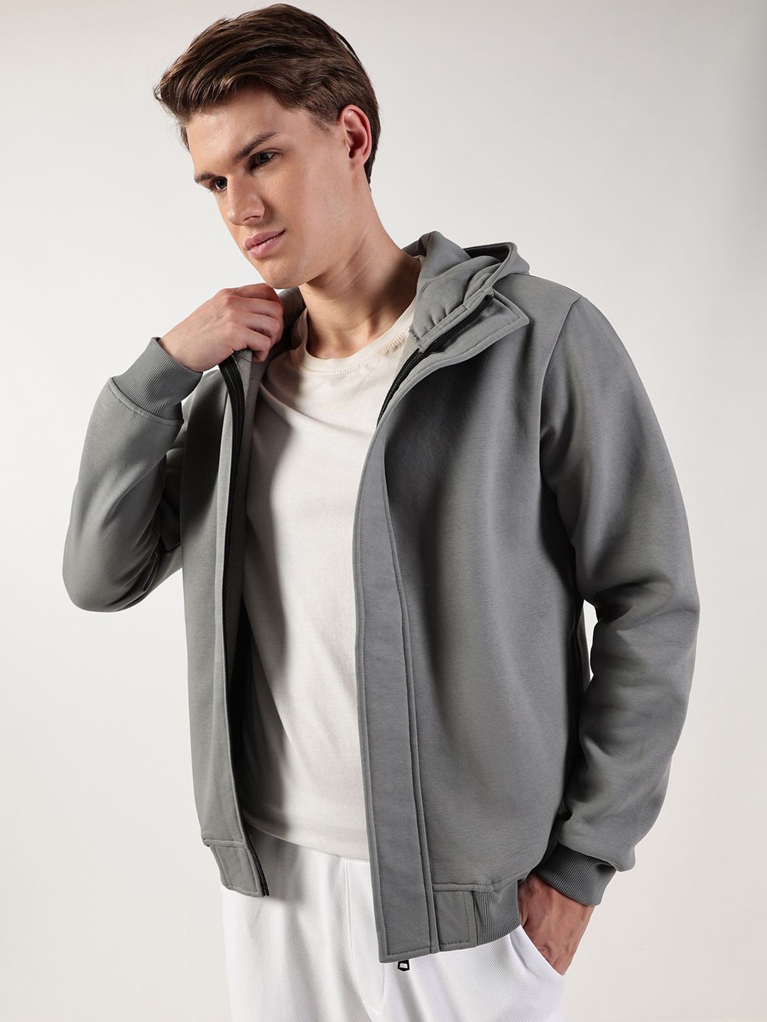 

Thomas Scott Men Hooded Solid Casual Open Front Jacket, Grey