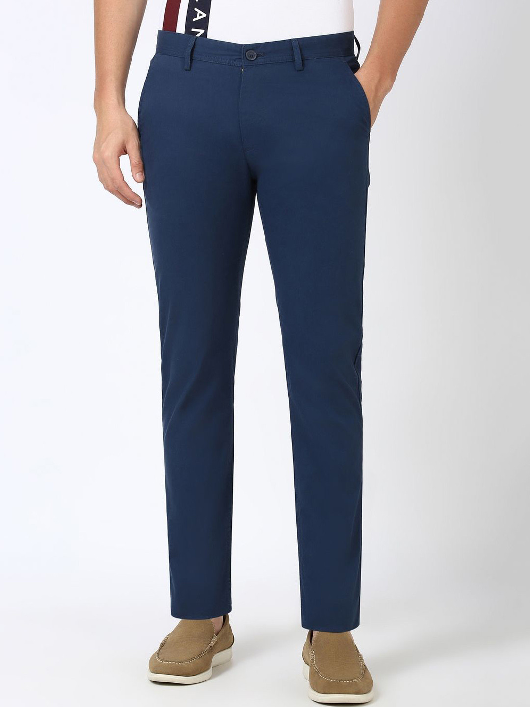

Peter England Casuals Men Mid-Rise Super Slim Fit Regular Trousers, Navy blue