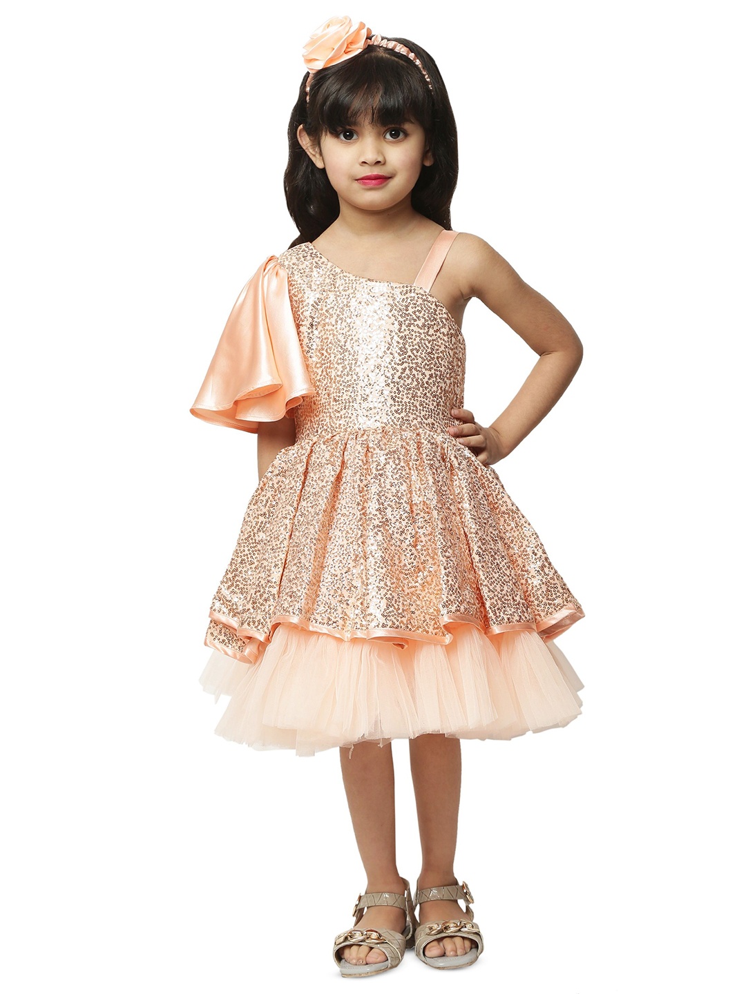 

Wish little Girls Embellished Sequined Fit and Flare Knee Length Dress, Peach