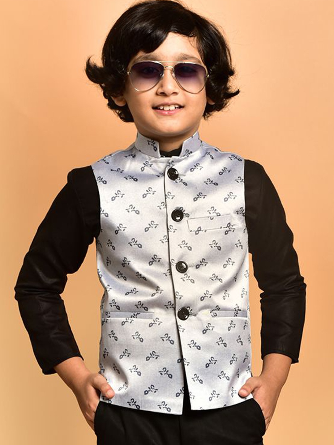 

PRINTCULTR Boys Printed Satin Nehru Jackets, Grey