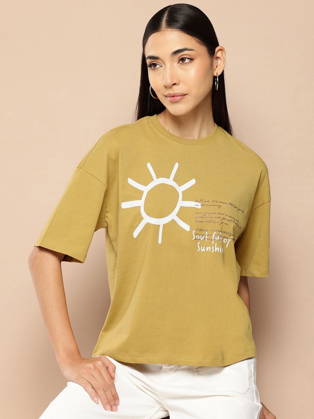 

Chemistry Women Printed Pure Cotton T-shirt, Mustard