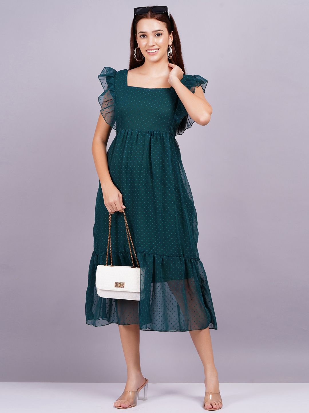 

KALINI Flutter Sleeve Georgette Fit & Flare Midi Dress, Green