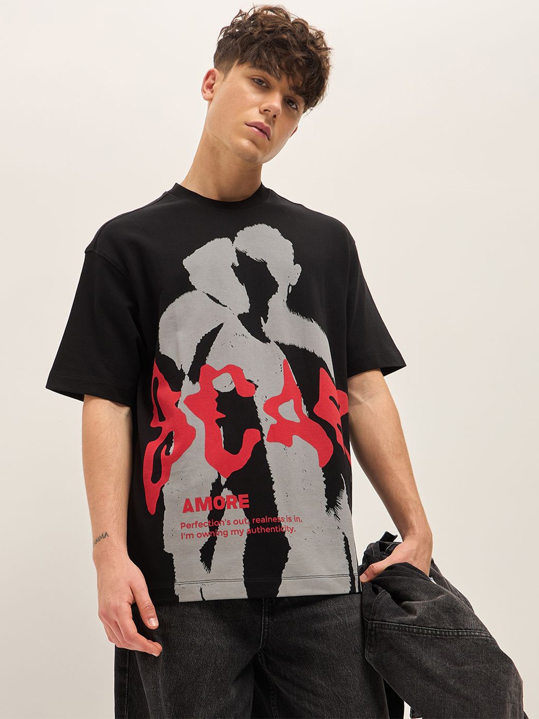 

THE BEAR HOUSE Abstract Printed Round Neck Cotton Oversized T-shirt, Black