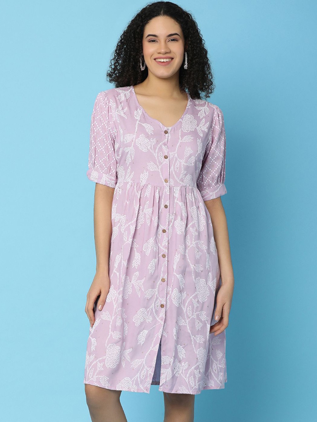 

V-Mart Women Printed Round Neck A-Line Ethnic Dresses, Purple