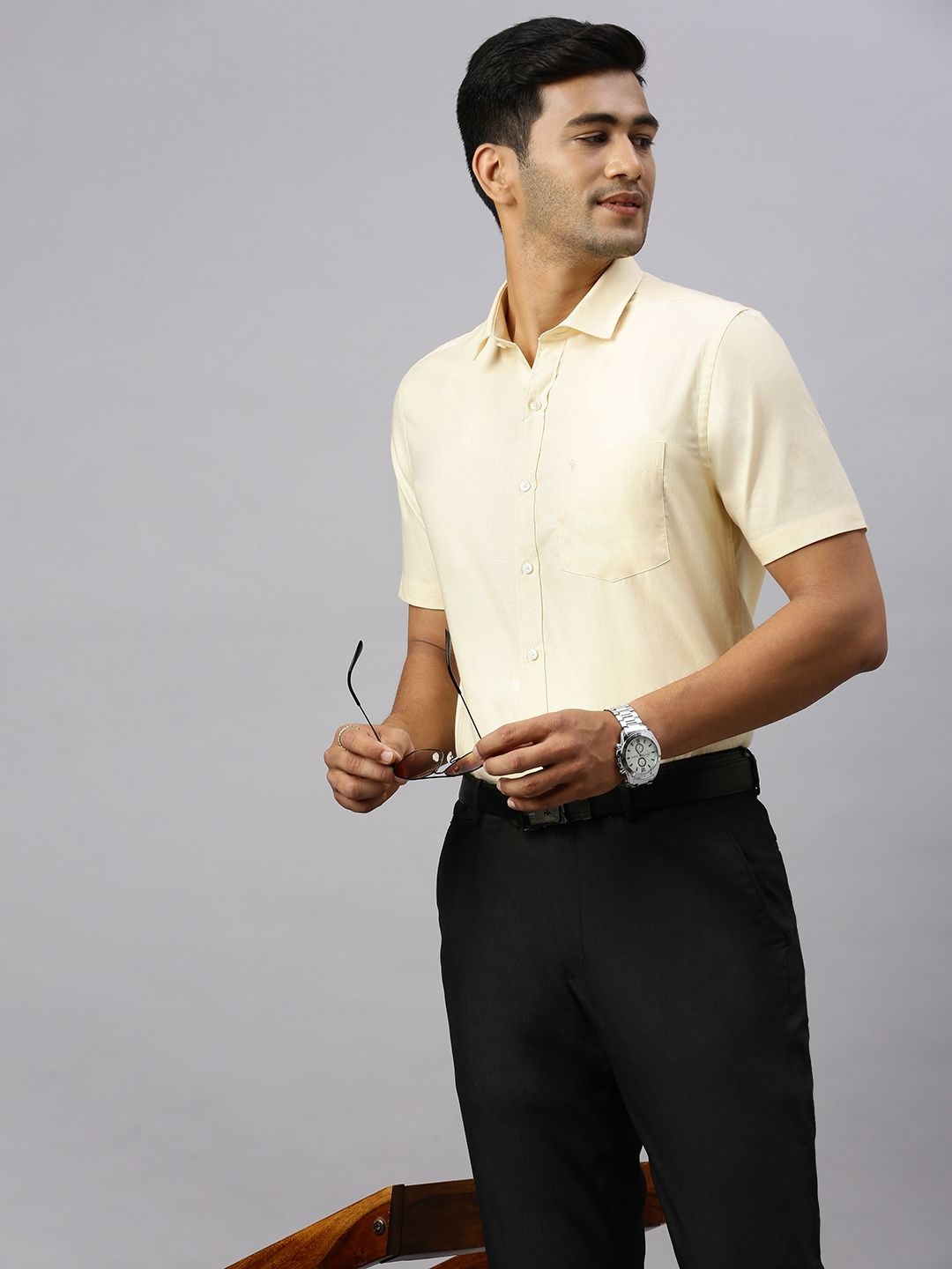 

Ramraj Men Spread Collar Solid Cotton Formal Shirt, Yellow