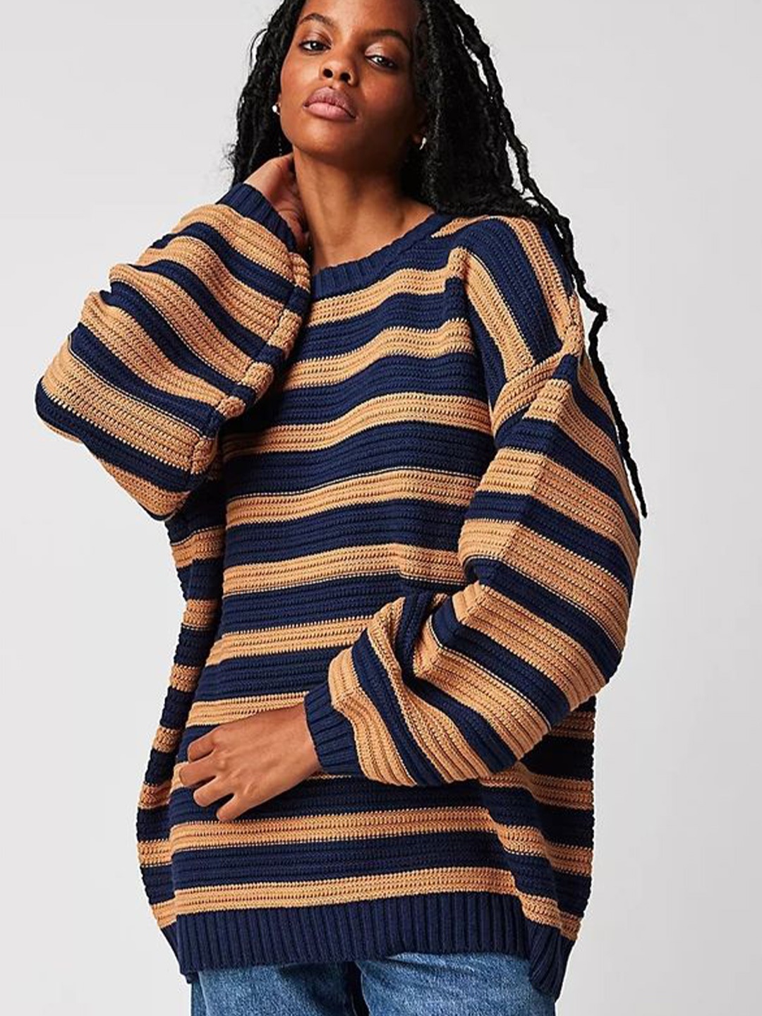 

LULU & SKY Women Striped Round Neck Pullover Sweater, Navy blue