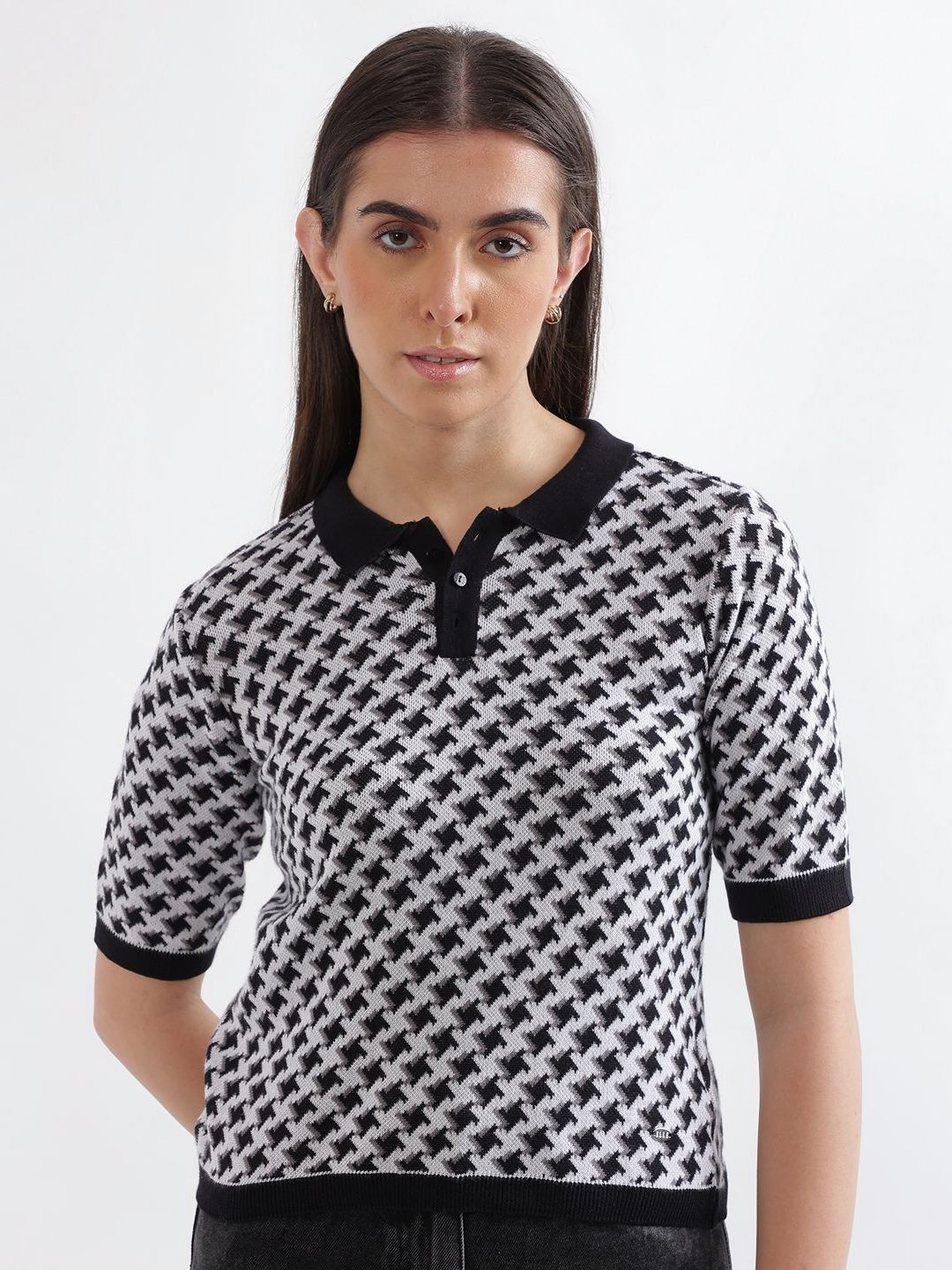

ELLE Women Geometric Printed Polo Collar Cotton Relaxed Fit T-shirt, White