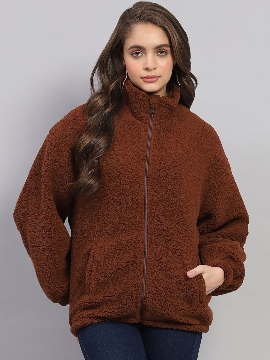 

rock.it Women Mock Collar Self Design Casual Open Front Jacket, Brown