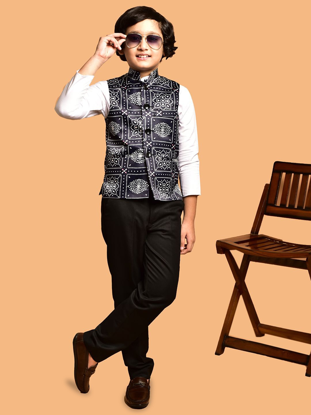 

PRINTCULTR Boys Printed Satin Nehru Jackets, Black