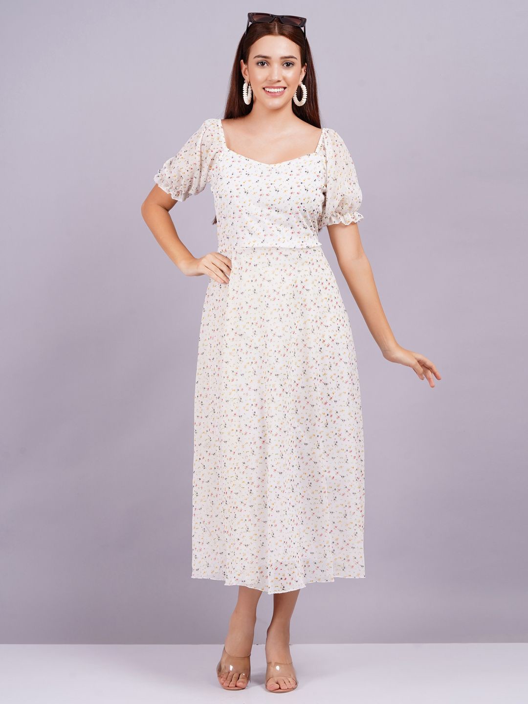 

KALINI Floral Printed Georgette Fit & Flare Midi Dress, White