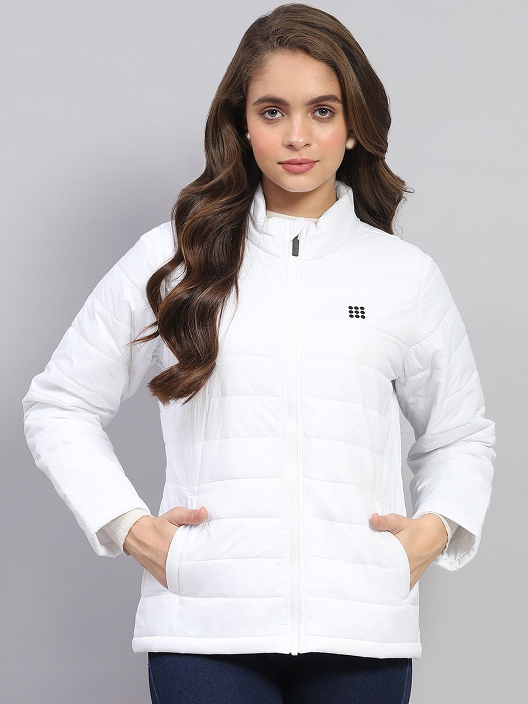 

rock.it Women Mock Collar Solid Nylon Casual Padded Jacket, White
