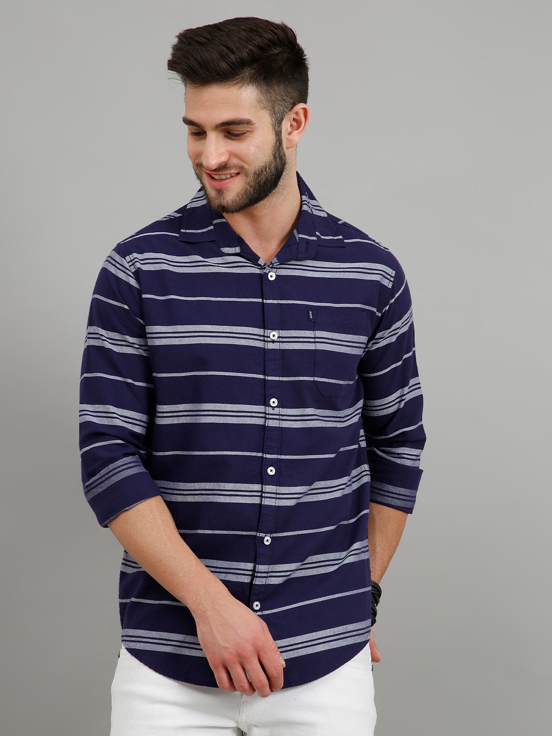 

Rope Men Standard Spread Collar Horizontal Striped Cotton Slim Fit Casual Shirt, Grey