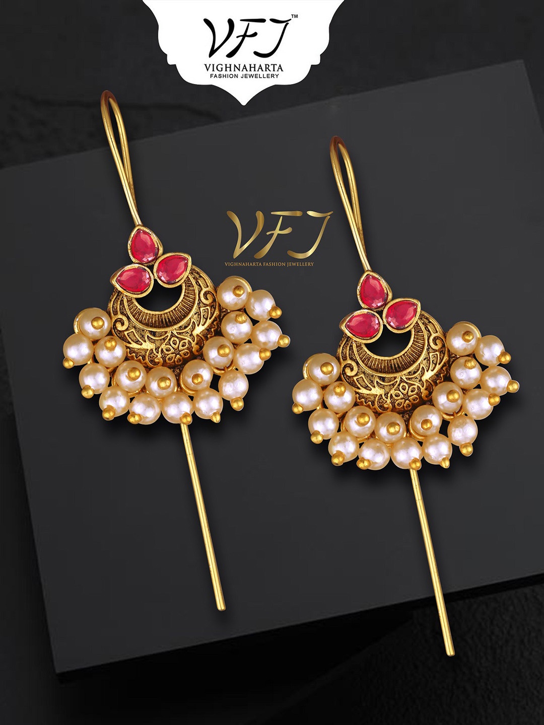 

Vighnaharta Gold-Plated Pearls Studded Floral Chandelier Ear Cuff Earrings, Red