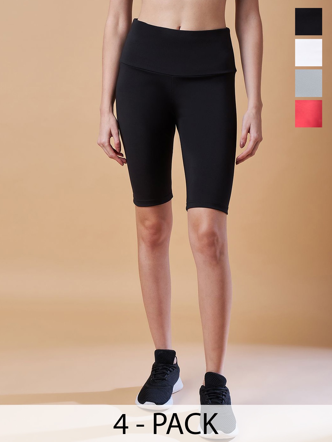 

COLOR CAPITAL Women Pack Of 4 Above Knee Gym Tights Cycling Shorts, Black