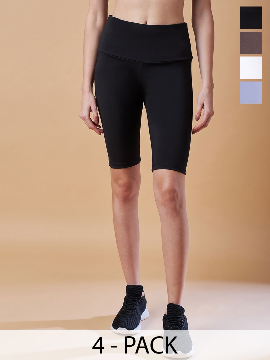 

COLOR CAPITAL women Pack Of 4 High Rise Above Knee Gym Tights Cycling Shorts, Black