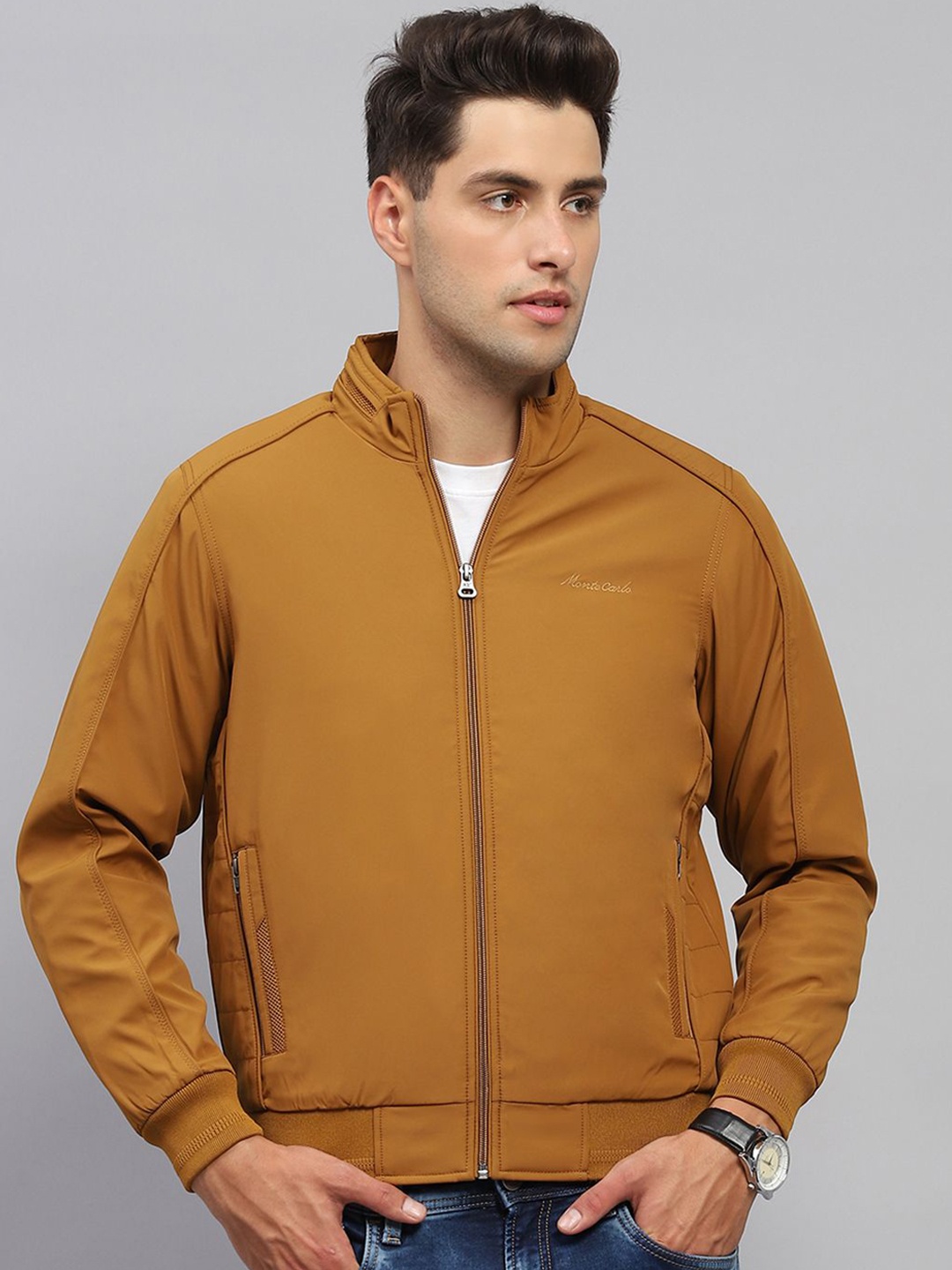

Monte Carlo Men Mock Collar Solid Casual Bomber Jacket, Mustard
