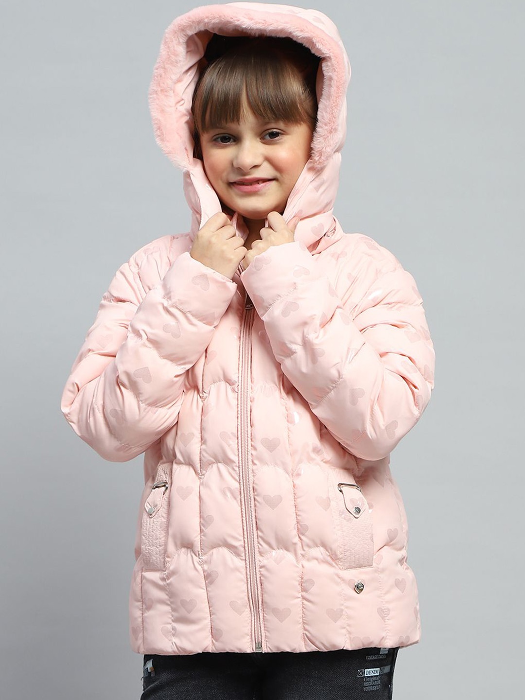 

Monte Carlo Girls Hooded Conversational Printed Casual Padded Jacket, Pink