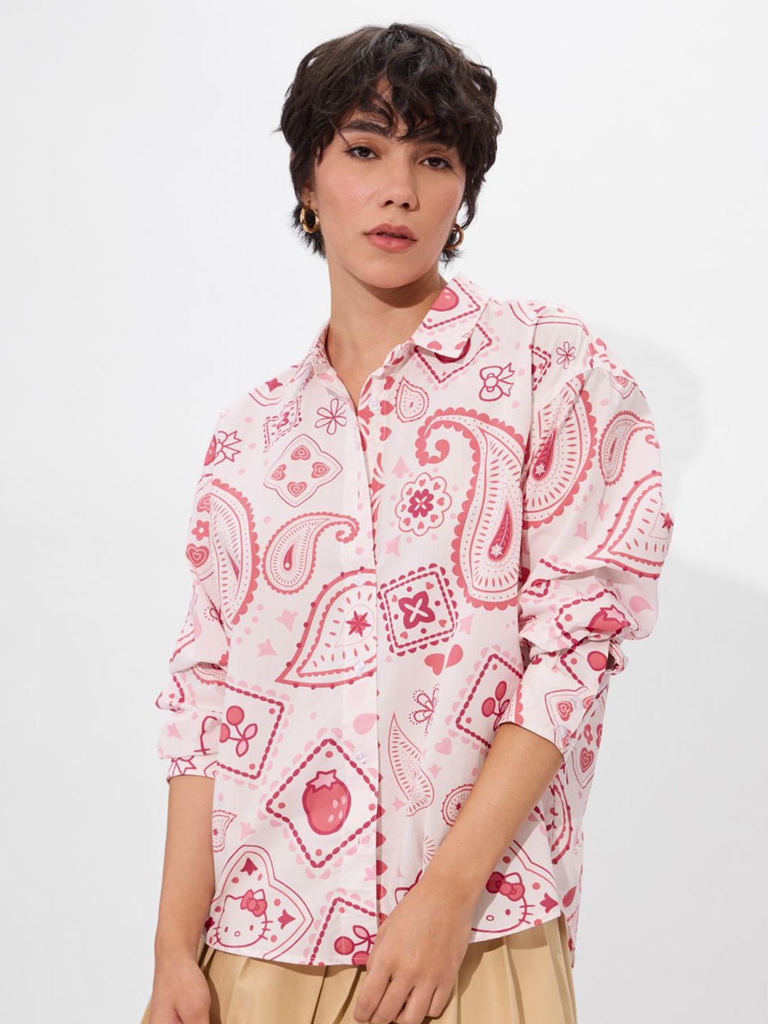 

The Souled Store Women Spread Collar Graphic Printed Cotton Oversized Casual Shirt, White