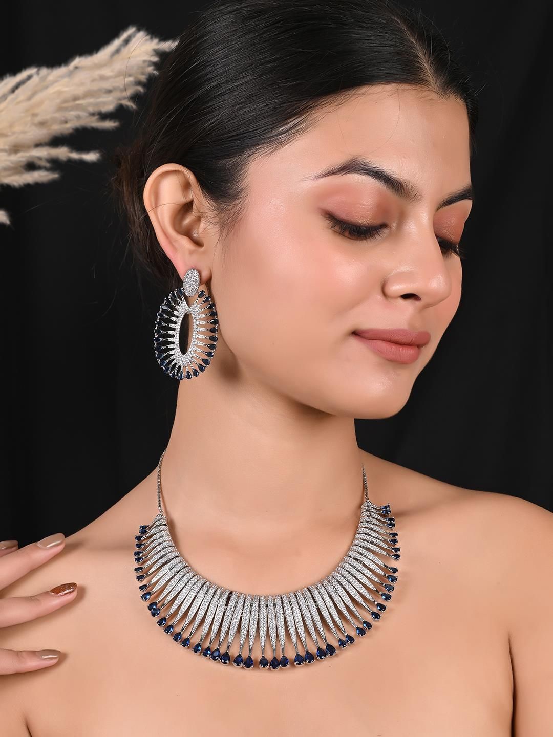 

RATNAVALI JEWELS Sliver-Plated Cubic Zirconia-Studded Jewellery Set, Silver