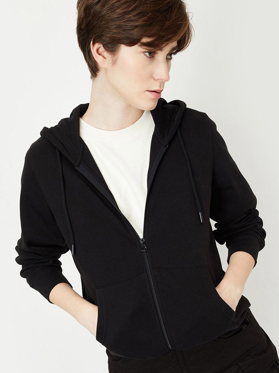 

max Women Solid Front Open Hooded Sweatshirt, Black