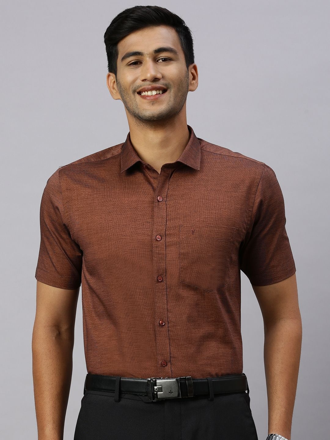 

Ramraj Men Spread Collar Solid Cotton Formal Shirt, Brown