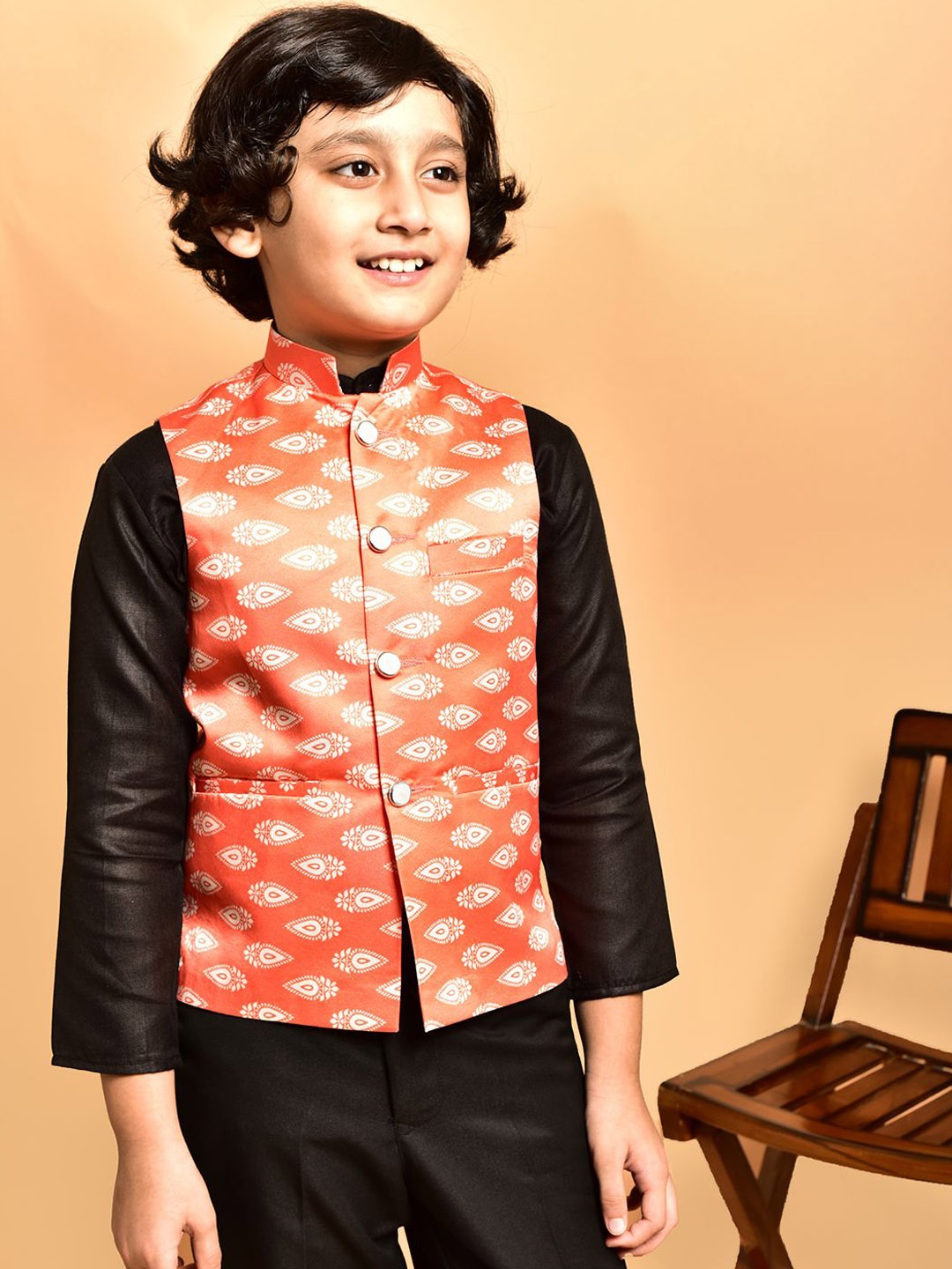 

PRINTCULTR Boys Printed Satin Nehru Jackets, Orange