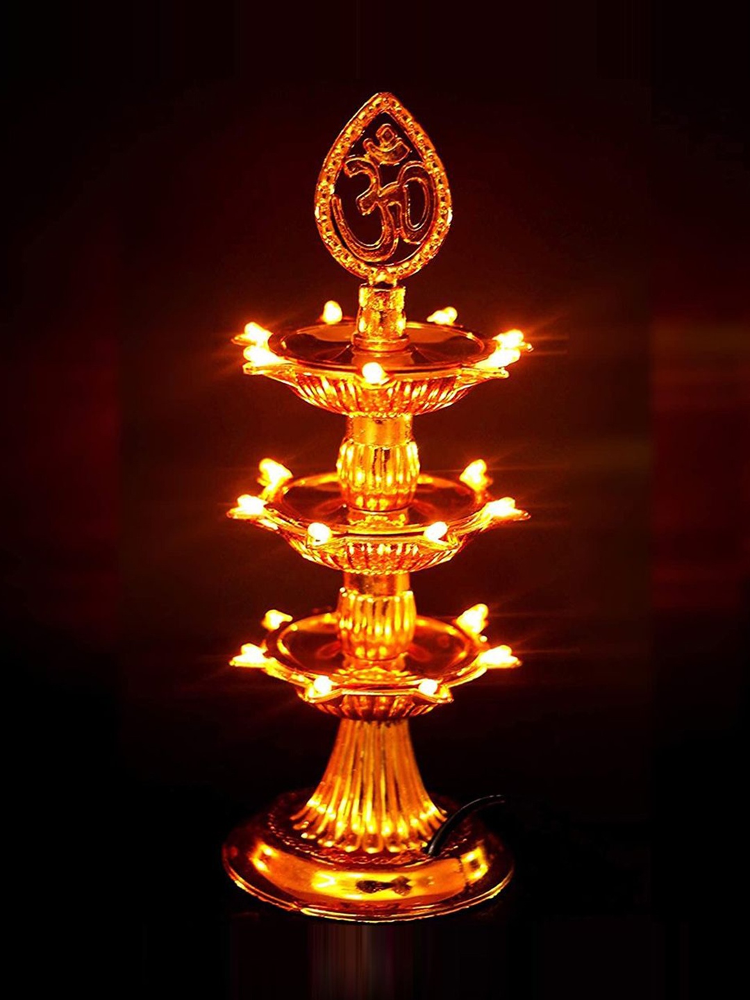 

Kuber Industries Gold Toned 4 Pieces LED 3-Layer Diya Stand for Mandir With Om Design