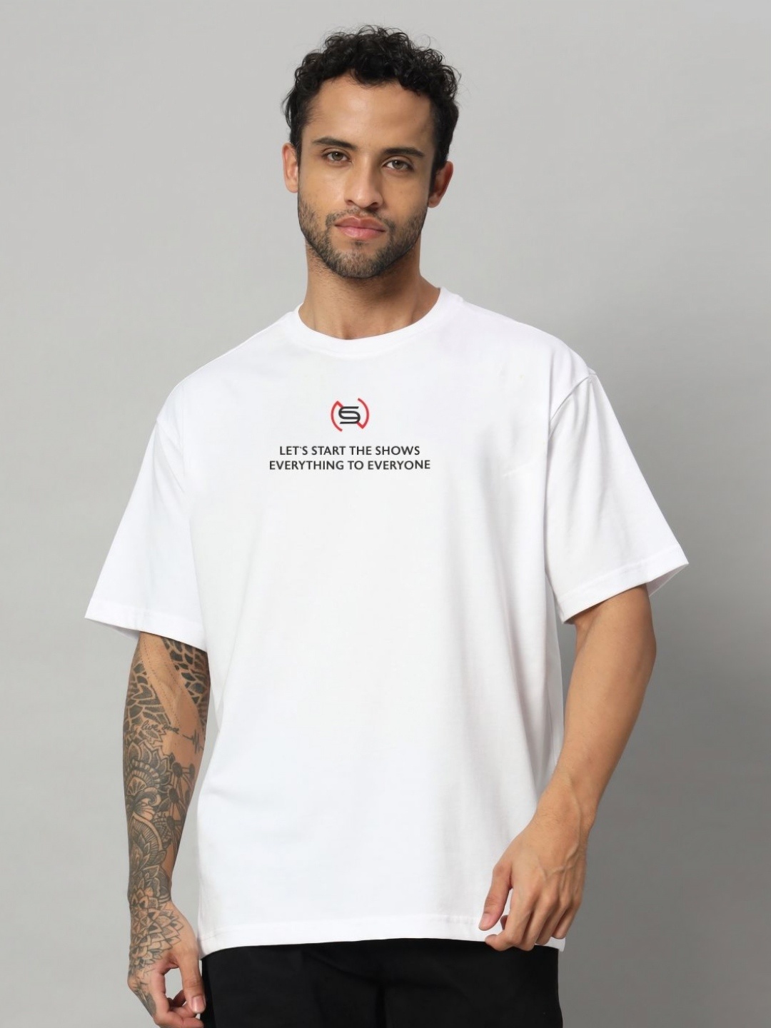 

SWAGNOX Men Typography Printed Round Neck Cotton Oversized T-shirt, White