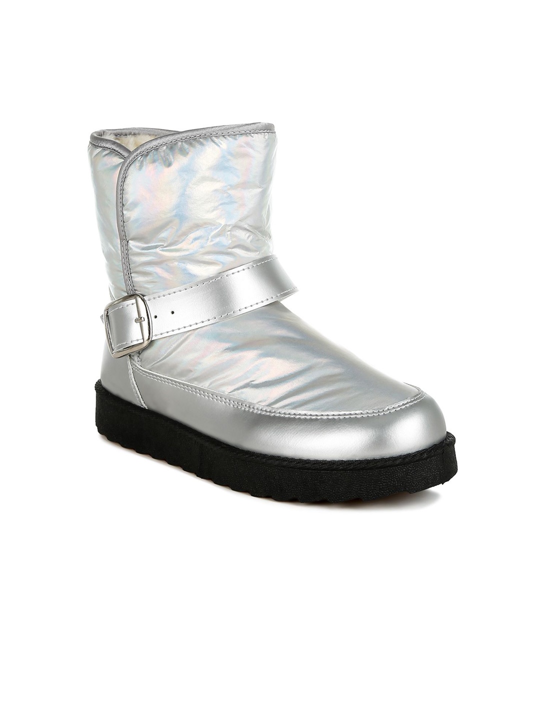 

London Rag Women Buckle Strap Chunky Boots, Silver