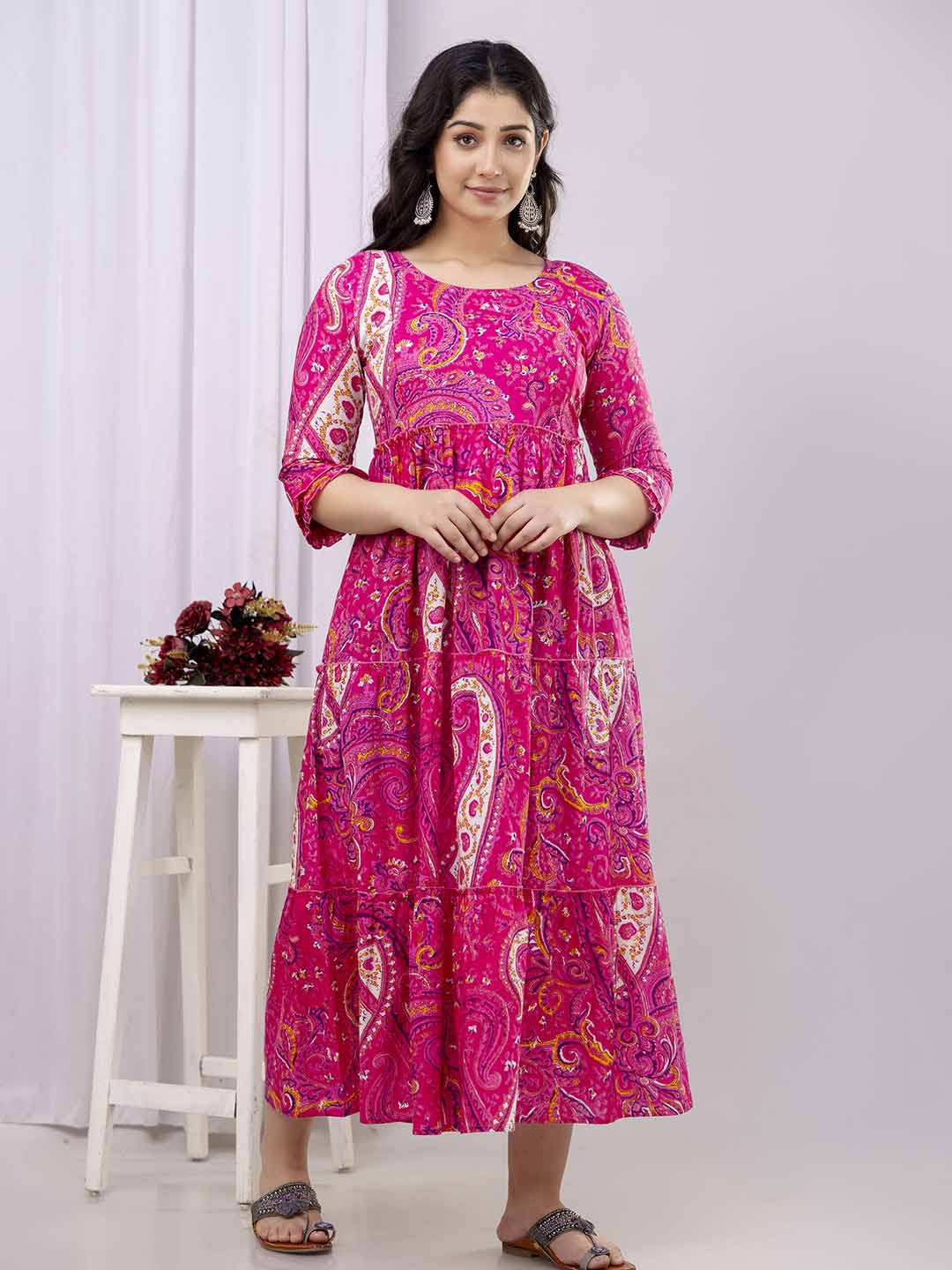 

VARICOS Ethnic Motifs Printed Pure Cotton Maternity Fit and Flare Midi Dresses, Pink