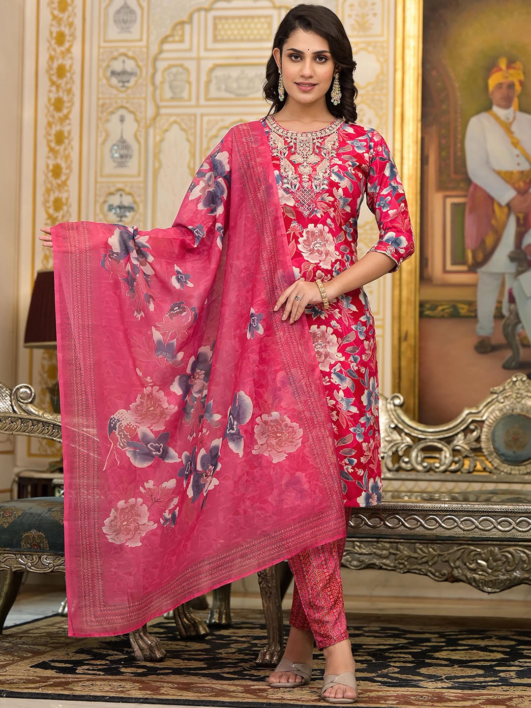 

KALINI Floral Embroidered Kurta With Trousers & Dupatta, Pink