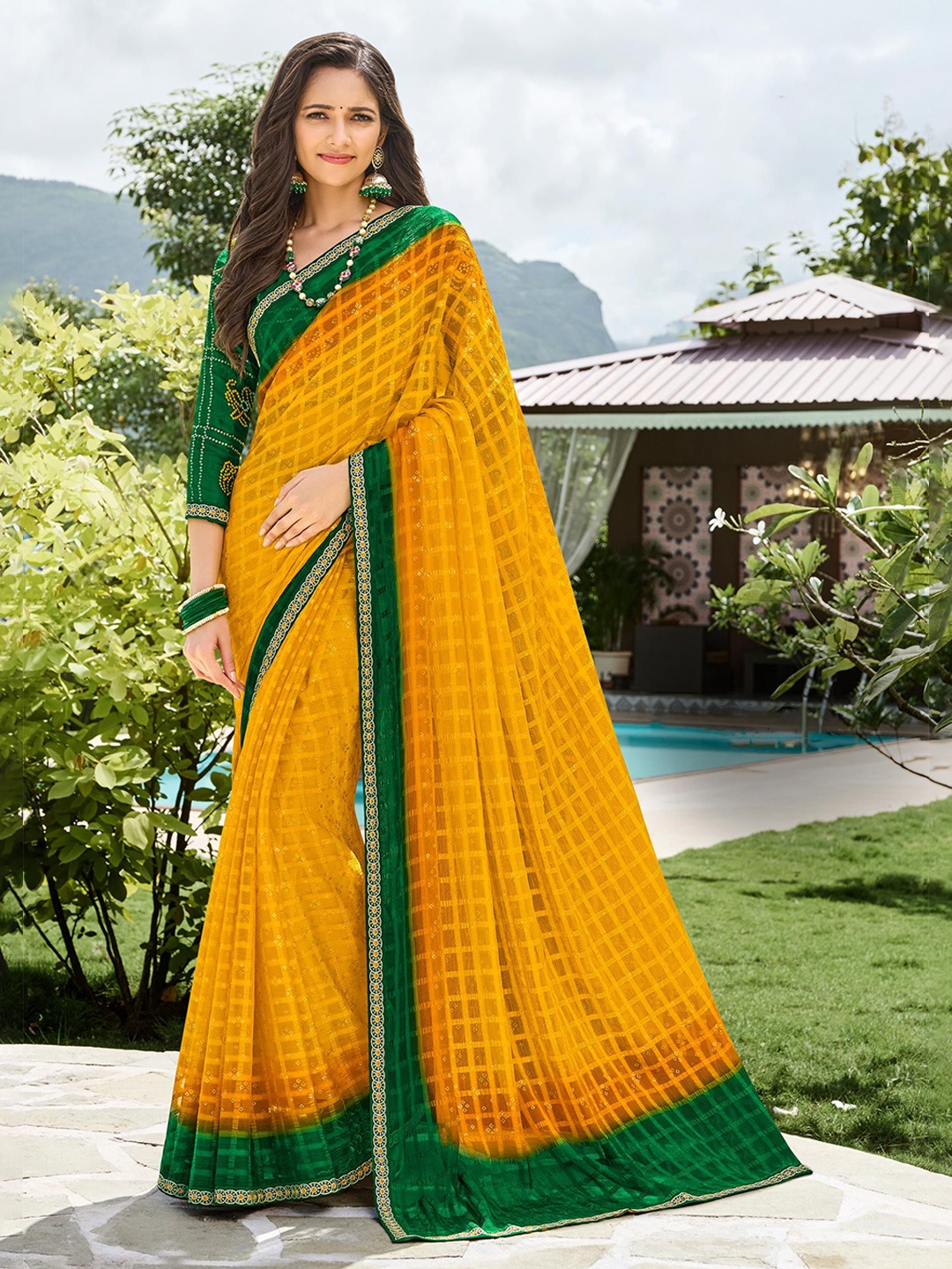 

Laxmipati Checked Embroidered Saree, Yellow