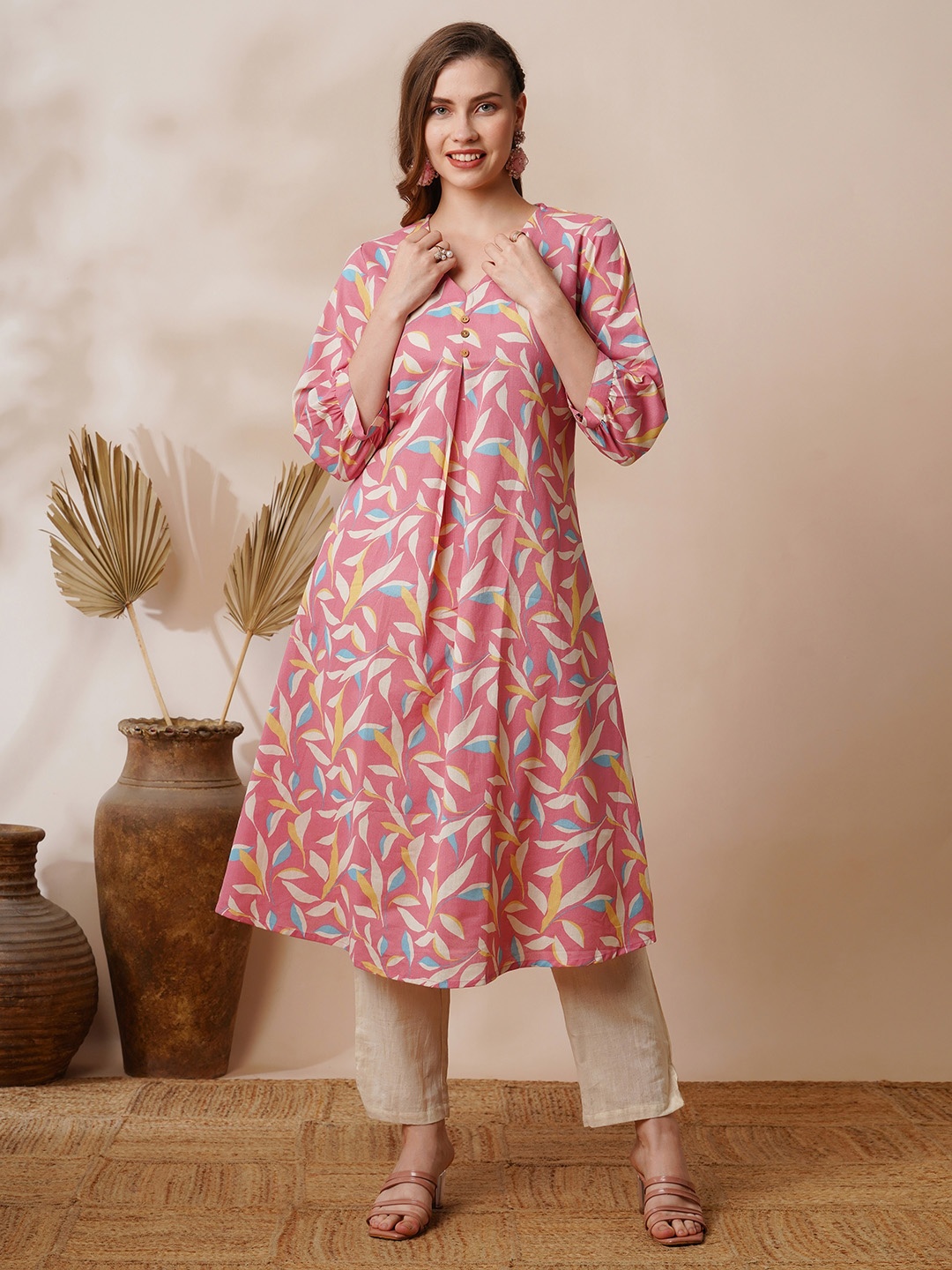 

INDYES Floral Printed Pleated V-Neck Puffed Sleeves Pure Cotton A-Line Kurta With Trouser, Coral