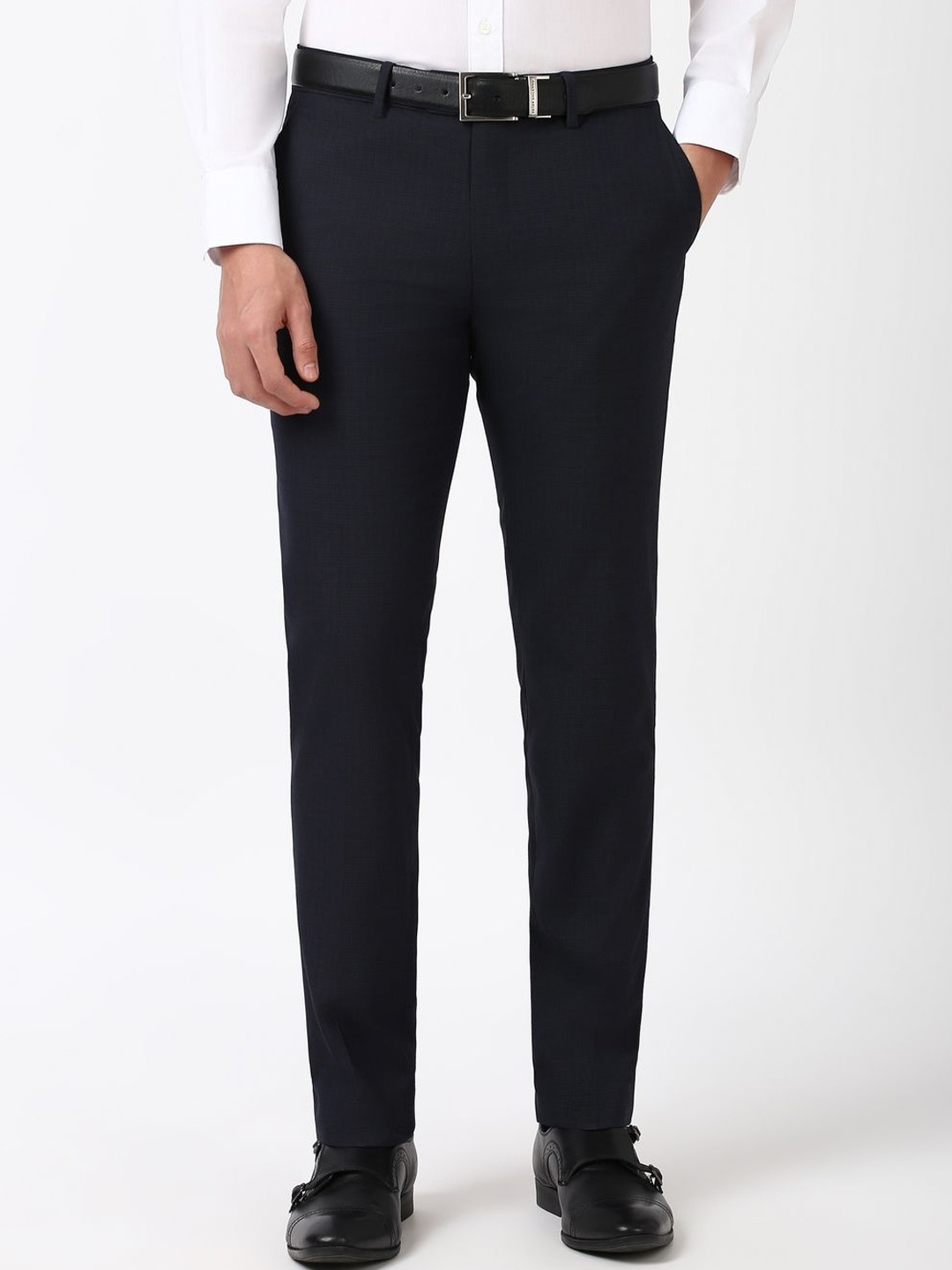 

Peter England Men Checked Slim Fit Formal Trousers, Black