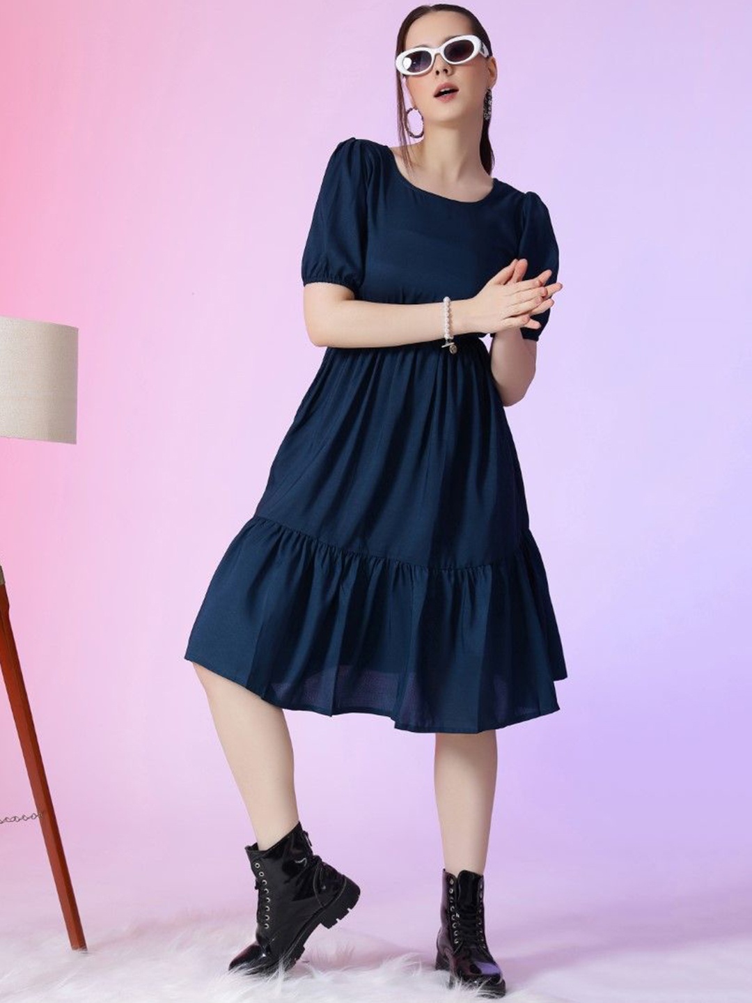 

Krunal Raiyani Women Puff Sleeve Fit & Flare Dress, Blue