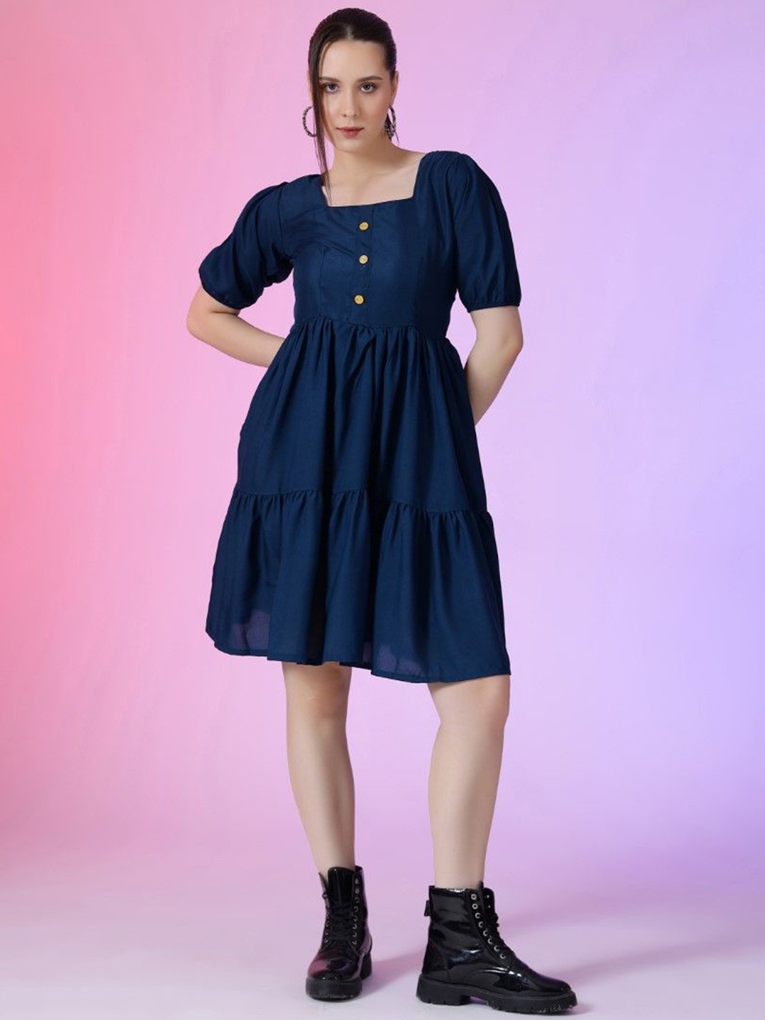 

Femvy Women Puff Sleeve Fit & Flare Dress, Blue