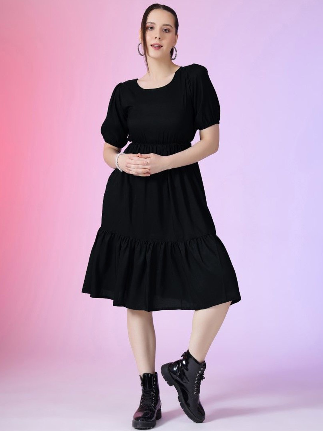 

Raiyani Enterprise Puff Sleeve Tiered A-Line Dress, Black