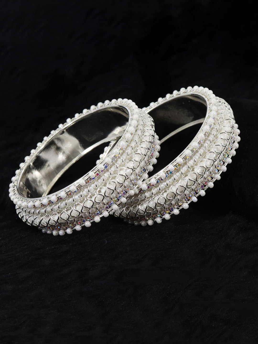 

ZULKA Set Of 2 Silver-Plated CZ-Studded Beaded Bangle